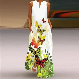 Vintage impressão feminina vestido de verão 2023 verão moda com decote em v sem mangas vestido longo elegante senhoras maxi vestidos femme