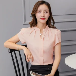 Moda coreana das mulheres topos e blusas chiffon blusas femininas manga curta camisas brancas xxl senhoras topos
