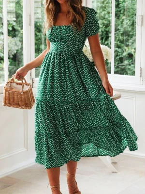Verão feminino praia doce vestidos vintage impressão puff manga casual gola quadrada floral feminino maxi vestido longo