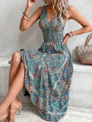 Moda sem mangas maxi boho vestido feminino 2024 verão impressão cintura elástica boêmio elegante tanque vestidos longos para mulher robe femme