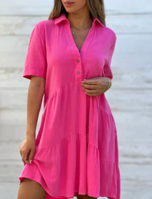 Moda manga curta branco algodão linho vestido feminino 2024 verão solto casual botões vestidos confortáveis para mulher robe femme