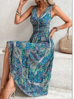 Verão boho vestidos femininos fahsion sem mangas impressão praia vestidos de festa 2024 elegante casual férias para mulher longo a linha vestido