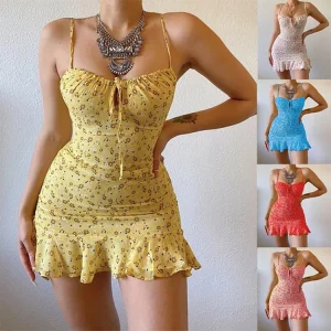 Floral impressão cinta de espaguete vestidos femininos sexy baixo corte oco para fora leace-up pacote hip babados mini vestido feminino 2024