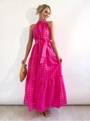 Moda elegante vestido de festa senhora sem mangas rendas vestidos longos robe femme casual férias saia vestidos para mulheres verão novo