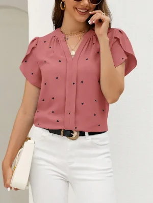 Novo verão camisas femininas com mangas pétala pastoral com decote em v amor impressão manga curta topos de alta qualidade para mulher