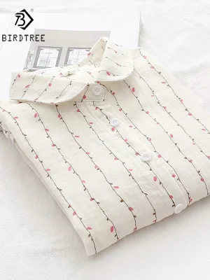 Nova Primavera Mulheres Camisas De Algodão De Camada Dupla Manga Completa Floral Solta Casual Blusa Macia Senhora Do Escritório Desgaste Do Trabalho Tops T34502X