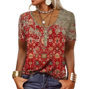Camisas elegantes para mulheres manga curta moda estilo étnico solto retro casual botão blusas 3d flor impressão solta verão topos