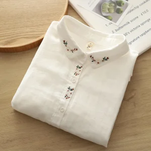 Camisas de fio de algodão de camada dupla feminina, manga cheia, bordado, flor, solta, casual, blusa macia, escritório, senhoras, novo, outono
