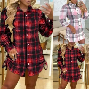 Moda vermelho xadrez camisa feminina vestido primavera novo produto flip colarinho casual cordão lateral com botão mini vestido 2025