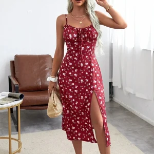 Vestido floral sem mangas feminino com fenda alta, cinta de espaguete estampa de flores, roupas femininas, verão, 2022