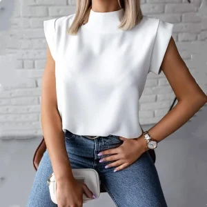 Moda o pescoço manga curta sólida mulheres topos e blusas 2023 verão casual elegante escritório senhoras topo femme blusa