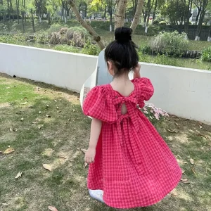 Urso líder rosa xadrez arco vestido elegante lolita criança grandes meninas midi vestido crianças vestidos adolescentes festa princesa vestido de verão