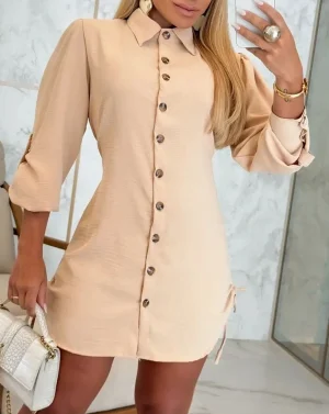 Moda manga longa botões camisa mini vestido feminino 2024 outono elegante escritório branco sólido vestidos para mulheres longas topos robe femme