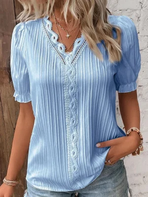 Verão feminino novo topo 2024 sólido sexy com decote em v oco camisa de manga curta moda splice plus size blusa solta vestuário rua