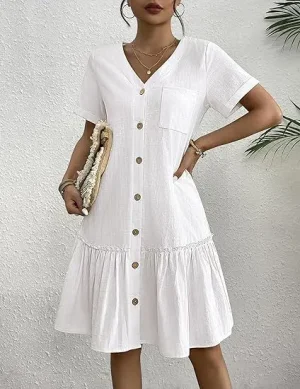 Casual algodão linho verão mini vestido para mulheres com decote em v babados manga curta vestido curto senhoras moda vestidos de botão solto