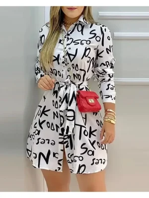 Mulheres elegante vestido carta impressão manga longa camisa casual vestido verão primavera férias mini vestidos senhora do escritório 2025 vestidos