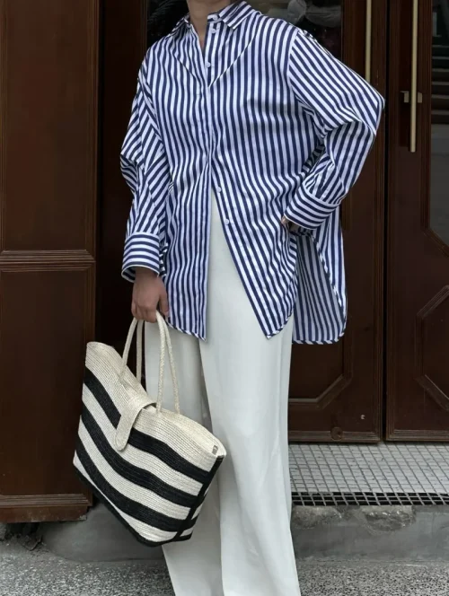 ETJ 2025 primavera feminina nova moda Europa-Americana listrada manga comprida lapela versão solta camisa popeline seleção multicolorida - Imagem 23