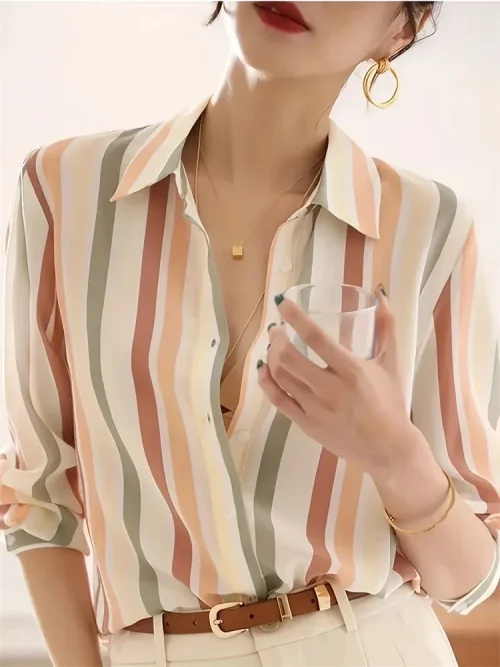 Moda de luxo camisas femininas topos textura listrado impressão camisas femininas primavera nova 2025 manga longa camisa escritório negócios - Imagem 3