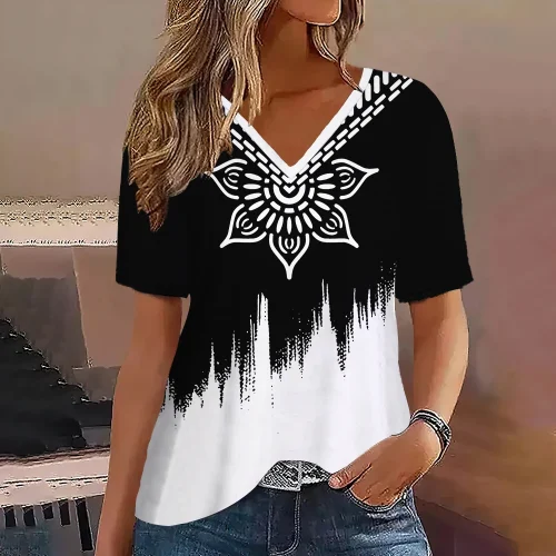 Moda feminina t camisa listras impressão gradiente decote em v manga curta básico topos streetwear verão roupas de grandes dimensões camisetas femininas - Imagem 25