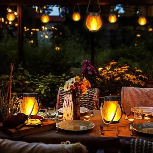 Pendurável luzes de chama solar à prova dwaterproof água ao ar livre lâmpada acampamento jardim lanterna luzes quintal decorativo festa halloween decoração casa - Imagem 9