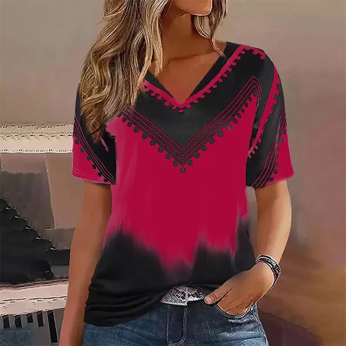 Moda feminina t camisa listras impressão gradiente decote em v manga curta básico topos streetwear verão roupas de grandes dimensões camisetas femininas - Imagem 3