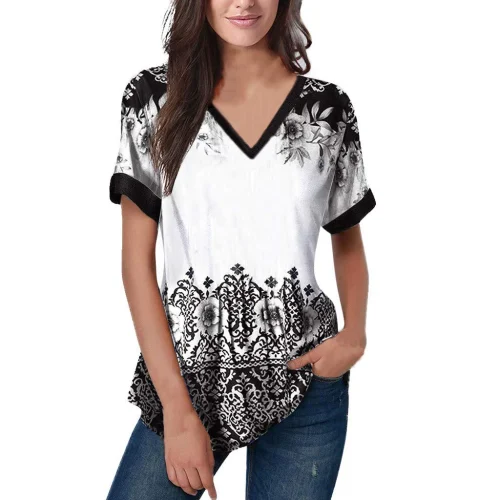 Moda feminina t camisa listras impressão gradiente decote em v manga curta básico topos streetwear verão roupas de grandes dimensões camisetas femininas - Imagem 29