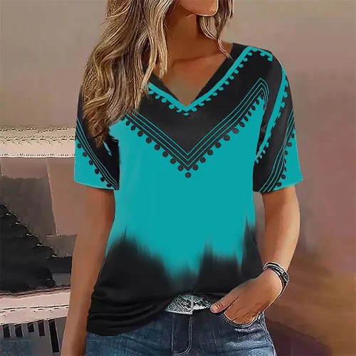 Moda feminina t camisa listras impressão gradiente decote em v manga curta básico topos streetwear verão roupas de grandes dimensões camisetas femininas - Imagem 7