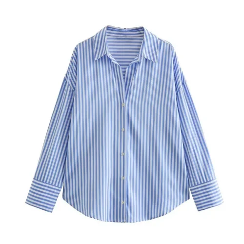 ETJ 2025 primavera feminina nova moda Europa-Americana listrada manga comprida lapela versão solta camisa popeline seleção multicolorida - Imagem 15