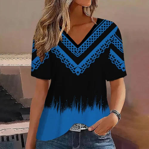Moda feminina t camisa listras impressão gradiente decote em v manga curta básico topos streetwear verão roupas de grandes dimensões camisetas femininas - Imagem 14