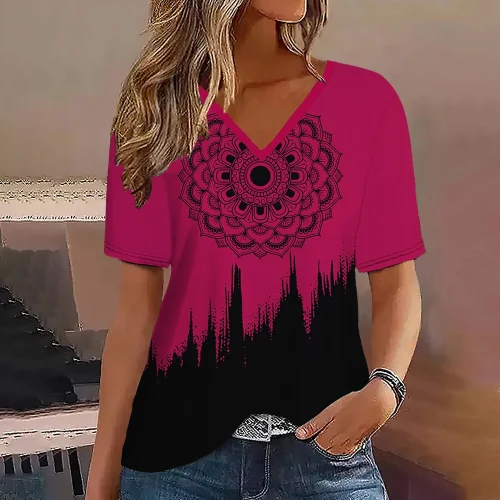 Moda feminina t camisa listras impressão gradiente decote em v manga curta básico topos streetwear verão roupas de grandes dimensões camisetas femininas - Imagem 20