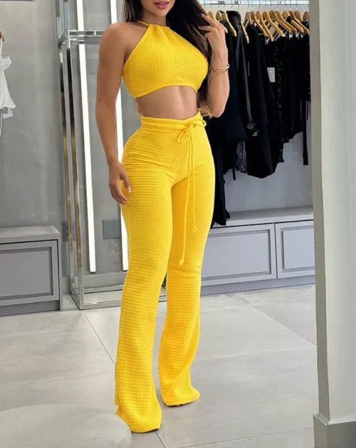 Feminino de duas peças de malha sexy suspender cintura alta moda calças casuais conjunto para o verão 2025 - Imagem 12