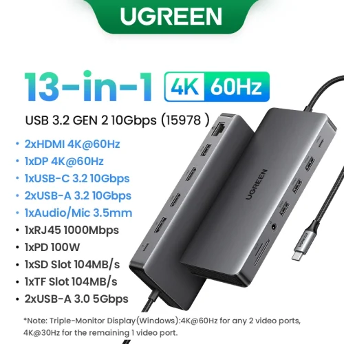 UGREEN Dual HDMI USB-C HUB 8K 4K Adaptador HDMI 10 em 1 Divisor com RJ45 USB3.0 PD 100W Dock para MacBook Pro Air Laptop USB HUB - Imagem 11