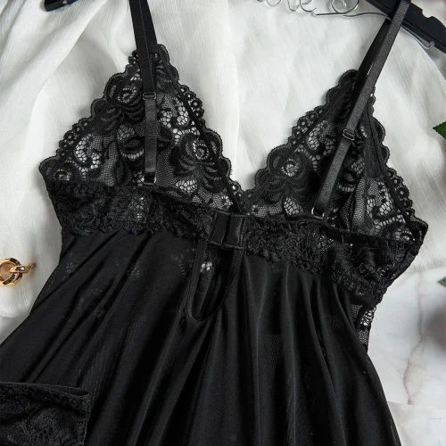 Suspensórios de tule azul renda decote em v camisola para mulheres lingerie roupa interior transparente mini vestido tanga conjunto camisolas - Imagem 16