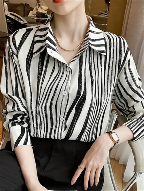 Moda de luxo camisas femininas topos textura listrado impressão camisas femininas primavera nova 2025 manga longa camisa escritório negócios - Imagem 22