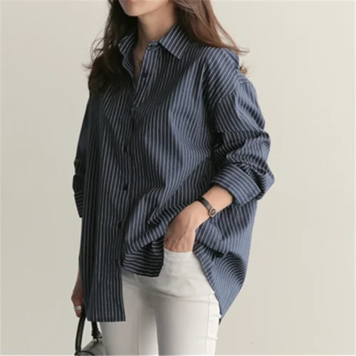 Realeft primavera verão listrado blusa feminina 2025 nova manga longa único breasted casual solto camisas coreanas topo feminino