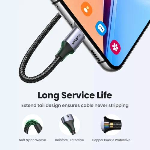 UGREEN-USB Tipo C Cabo de carregamento rápido de dados, 3A, 18W, apto para Xiaomi, Samsung Galaxy S24, iPhone 15, iPad, Poco - Imagem 4