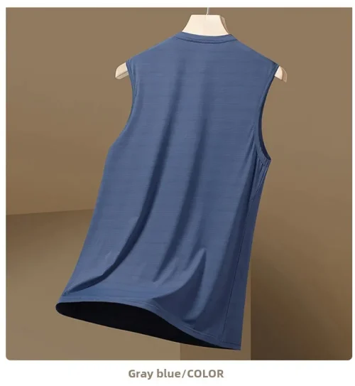 Colete masculino de seda gelada com gola redonda, malha respirável, secagem rápida, esportivo, ombro largo, roupa externa sem mangas, moda verão - Imagem 23