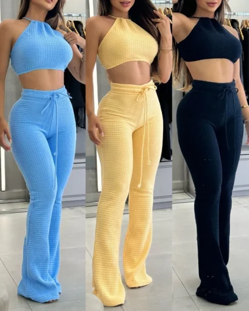 Feminino de duas peças de malha sexy suspender cintura alta moda calças casuais conjunto para o verão 2025 - Imagem 7