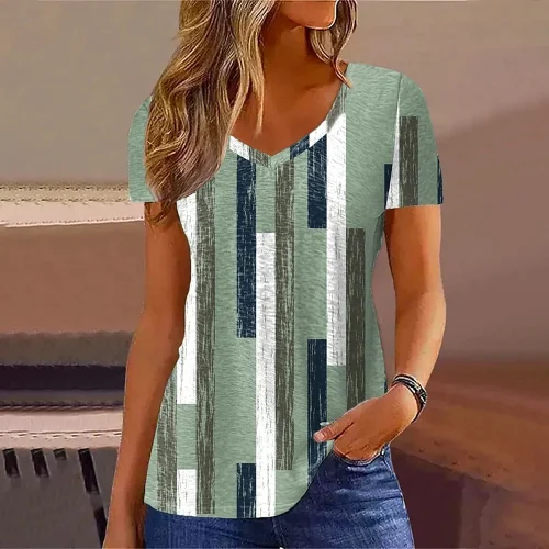 Moda feminina t camisa listras impressão gradiente decote em v manga curta básico topos streetwear verão roupas de grandes dimensões camisetas femininas - Imagem 38