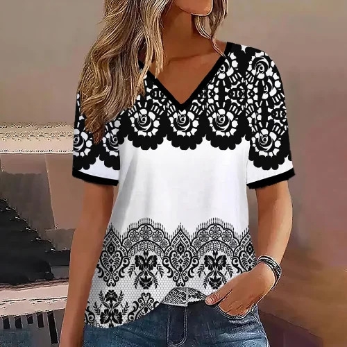 Moda feminina t camisa listras impressão gradiente decote em v manga curta básico topos streetwear verão roupas de grandes dimensões camisetas femininas - Imagem 30