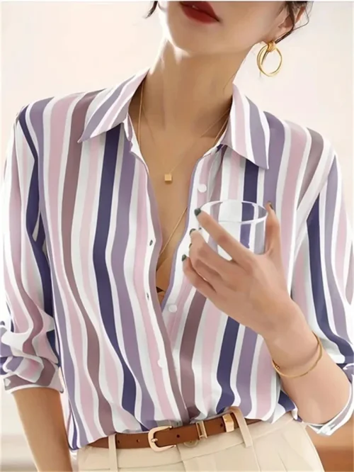 Moda de luxo camisas femininas topos textura listrado impressão camisas femininas primavera nova 2025 manga longa camisa escritório negócios - Imagem 26