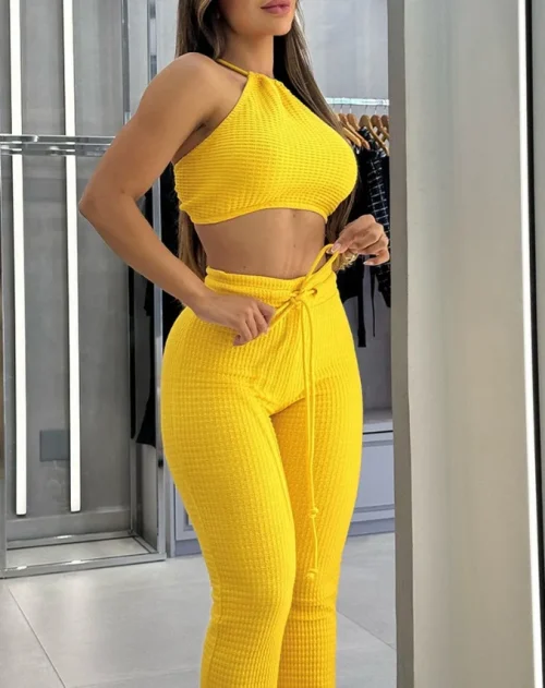 Feminino de duas peças de malha sexy suspender cintura alta moda calças casuais conjunto para o verão 2025 - Imagem 11
