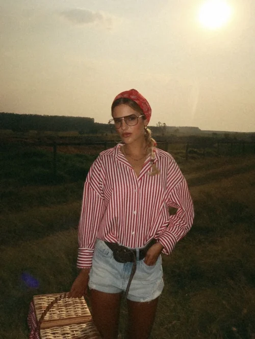 ETJ 2025 primavera feminina nova moda Europa-Americana listrada manga comprida lapela versão solta camisa popeline seleção multicolorida - Imagem 4