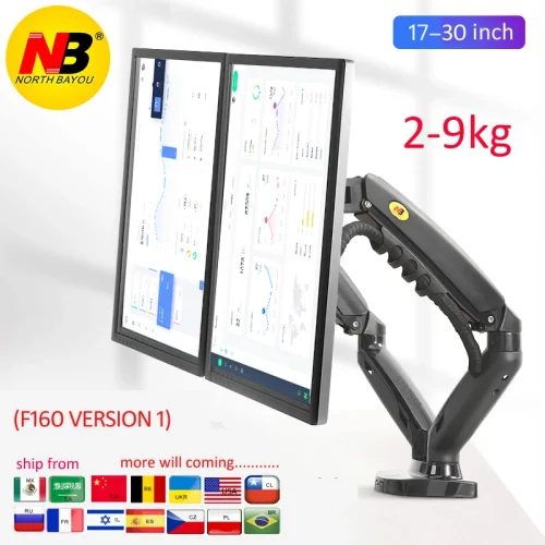 Nb nova mola a gás f160 17 "-27" 30 "suporte de monitor duplo braço desktop 360 girar suporte de computador 2-9kg suporte de monitor porta usb3.0