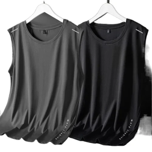 Colete masculino de seda gelada com gola redonda, malha respirável, secagem rápida, esportivo, ombro largo, roupa externa sem mangas, moda verão - Imagem 5