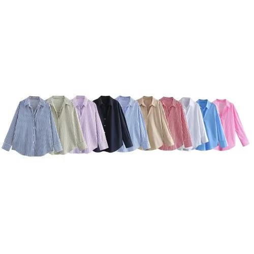 ETJ 2025 primavera feminina nova moda Europa-Americana listrada manga comprida lapela versão solta camisa popeline seleção multicolorida - Imagem 17