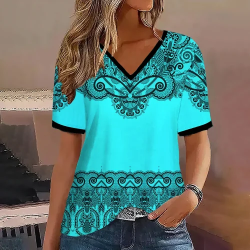 Moda feminina t camisa listras impressão gradiente decote em v manga curta básico topos streetwear verão roupas de grandes dimensões camisetas femininas - Imagem 10