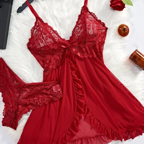 Suspensórios de tule azul renda decote em v camisola para mulheres lingerie roupa interior transparente mini vestido tanga conjunto camisolas - Imagem 10