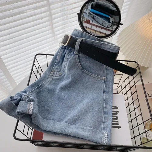 Novos shorts jeans femininos de cintura alta, verão, finos, soltos, emagrecedores, curvos, linha A, perna larga, jeans da moda, 2021 - Imagem 10