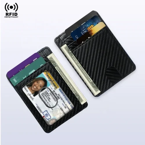 Carteira fina de fibra de carbono com bloqueio RFID, porta cartão de crédito, couro pu, minimalista, ultrafino, carteiras inteligentes masculinas para homens